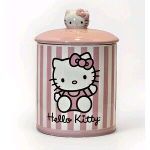 Hello Kitty Pink/White Stripe Canister Cookie Jar 8.5” NEW HTF Rare Sanrio